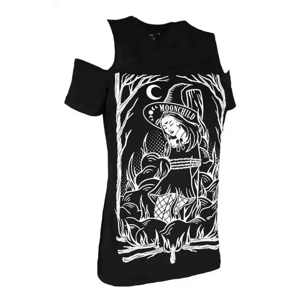 Restyle - Burn The Witch Cold Shoulder Tshirt Femme - Noir